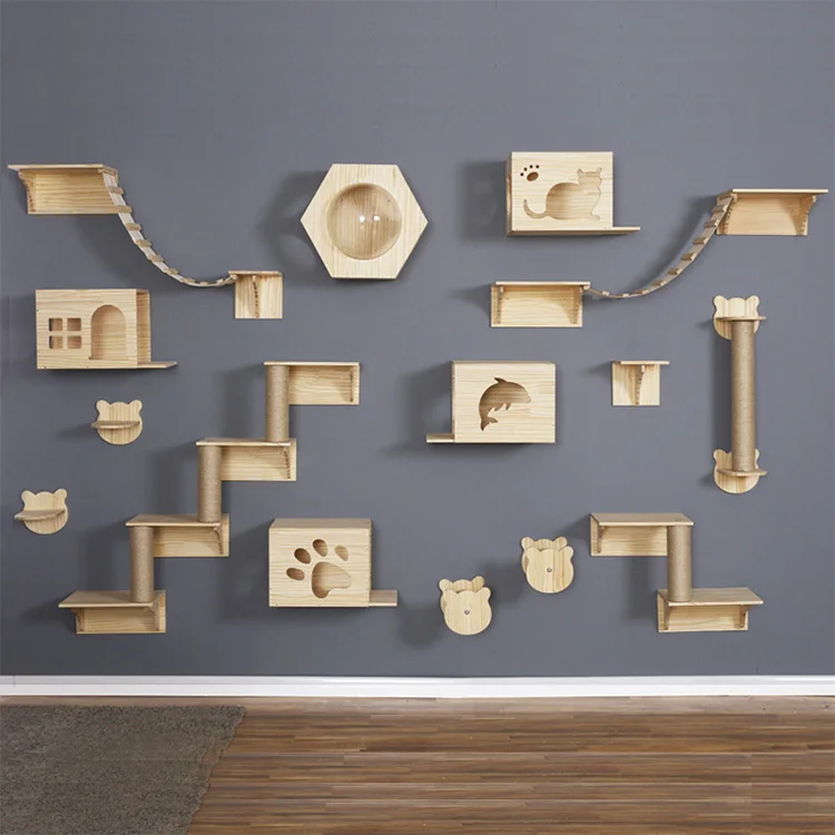 

Pet Cat Indoor Furniture Shelf Wall Stairs Shelves Wooden Mounted Shelf Hammock And Scratching Post Cat Climbing Frame