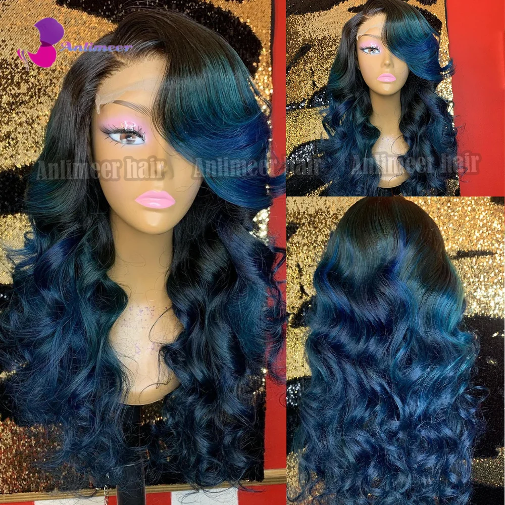 Ombre Blue Lace Front Wig Human Hair Right Side Part 13X6 Frontal Wig 100% Human Hair Lace Front Wigs Dark Blue Human Hair Wig