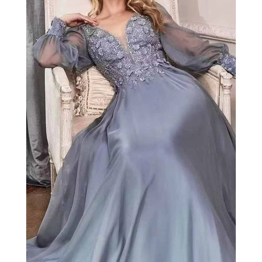

Women's Chiffon Formal Dresses A-Line V-Neck Long Sleeve Floor Length Beach Dressesfor Banquet Party Prom Cocktail Formal