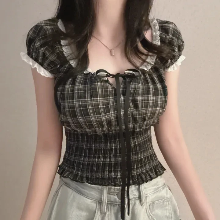 

Женский летний топ ort Sve Chiffon irt в корейском стиле с поясом и галстуком на талии с квадратным воротником Faion Commute Sle