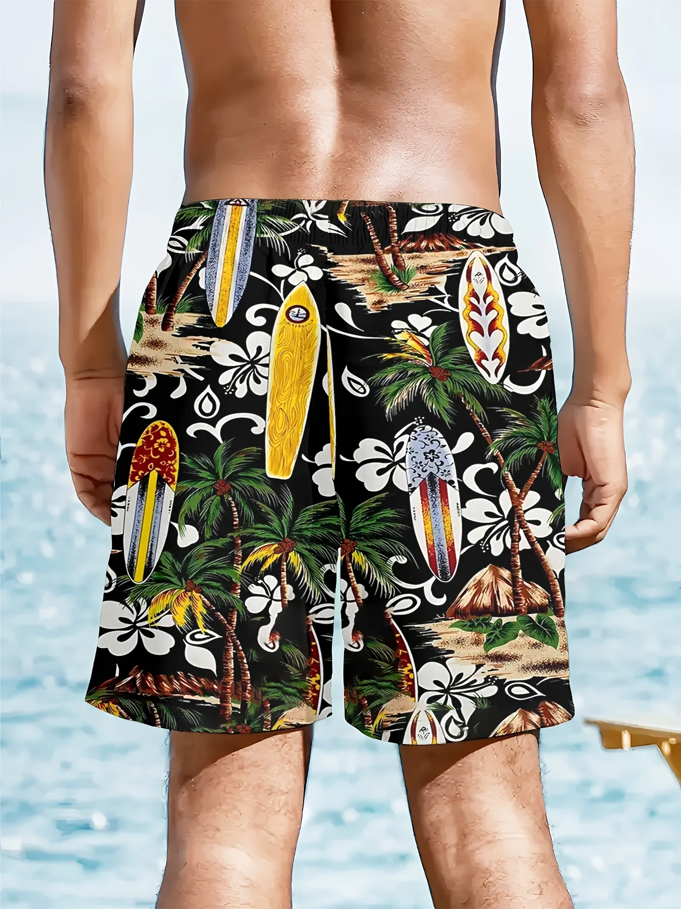 Vintage Casual Surf Pattern Beach Shorts Quick-Dry Lightweight Summer Shorts with Pockets and Adjustable Drawstring