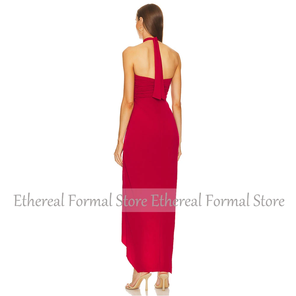 Sexy Red Cocktail Dress Halter Front Short Mermaid Holiday Party Gown Pleat Evening Dress Sleeveless Tea Length Saudi Dress