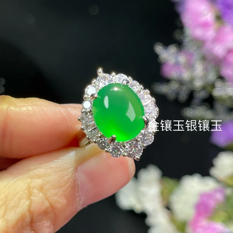 

Chalcedony Full Women'S Lucky Silver Plated Inlaid Emperor Green Agate Jade Ring Live Mouth