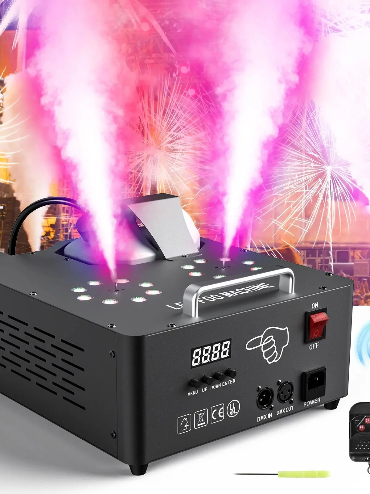 U'King 2000W Doppelrohr-Nebelmaschine, DMX512 8+8 RGB 3IN1 LED Rauchmaschine, Bühnen-Farbsprühgerät, Hochzeits- und Bankett-Farbnebelmaschine