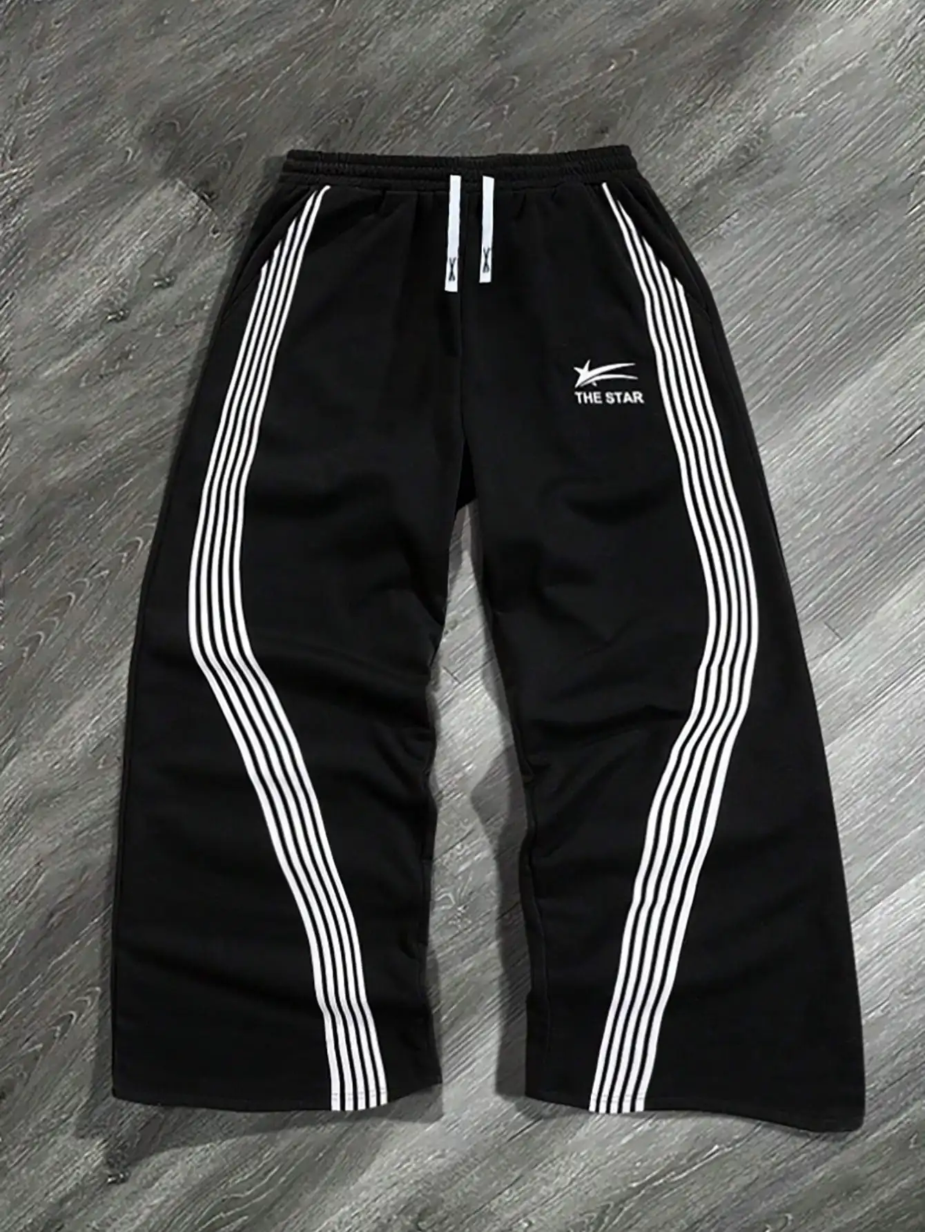 

Black Loose Fit Drawstring Sweatpants with White Stripe Design for Teens