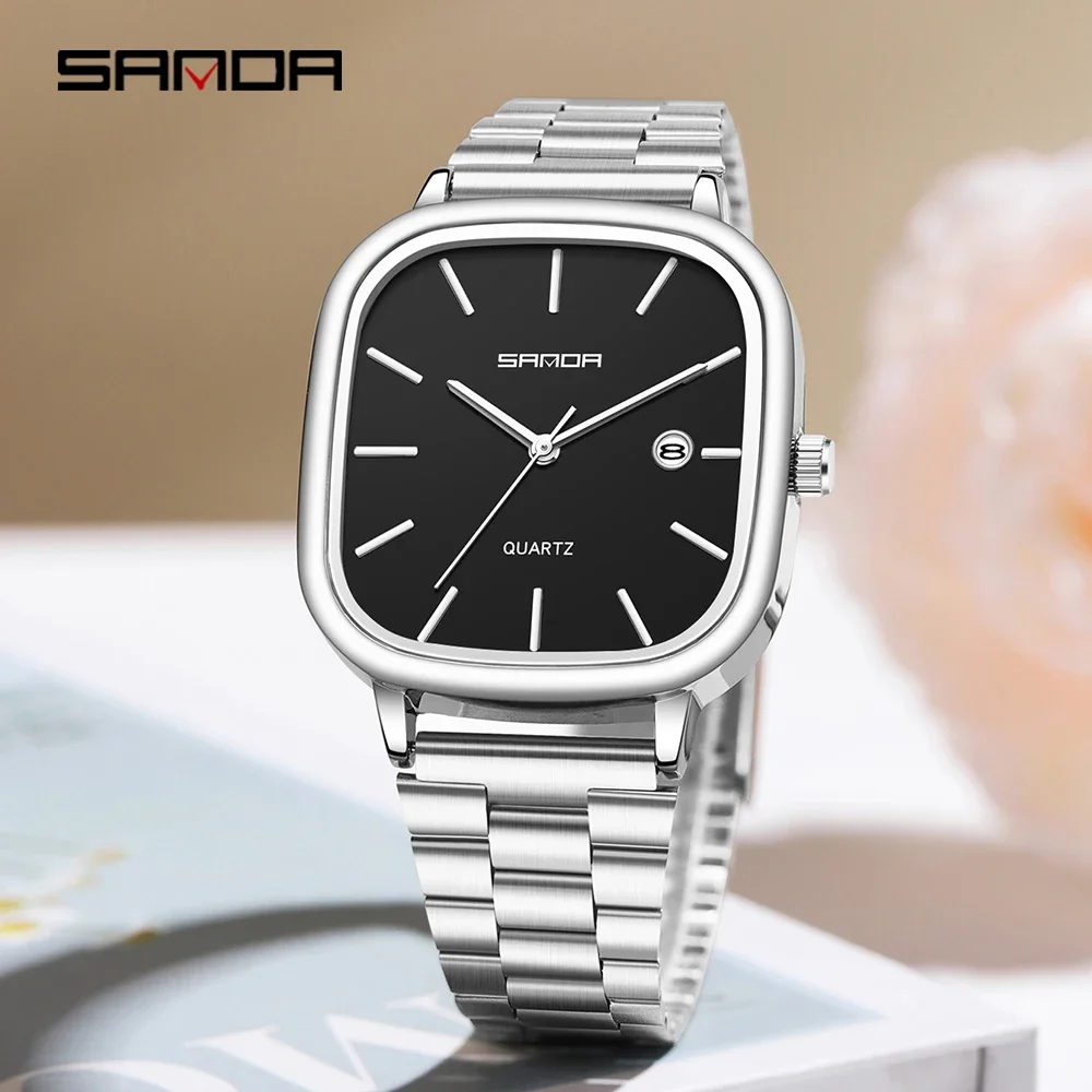 

SANDA Кварцевые часы для пар, мужские и женские квадратные часы, водонепроницаемый календарь 3 атм, простой и элегантный подарок на День святого Валентина 3277