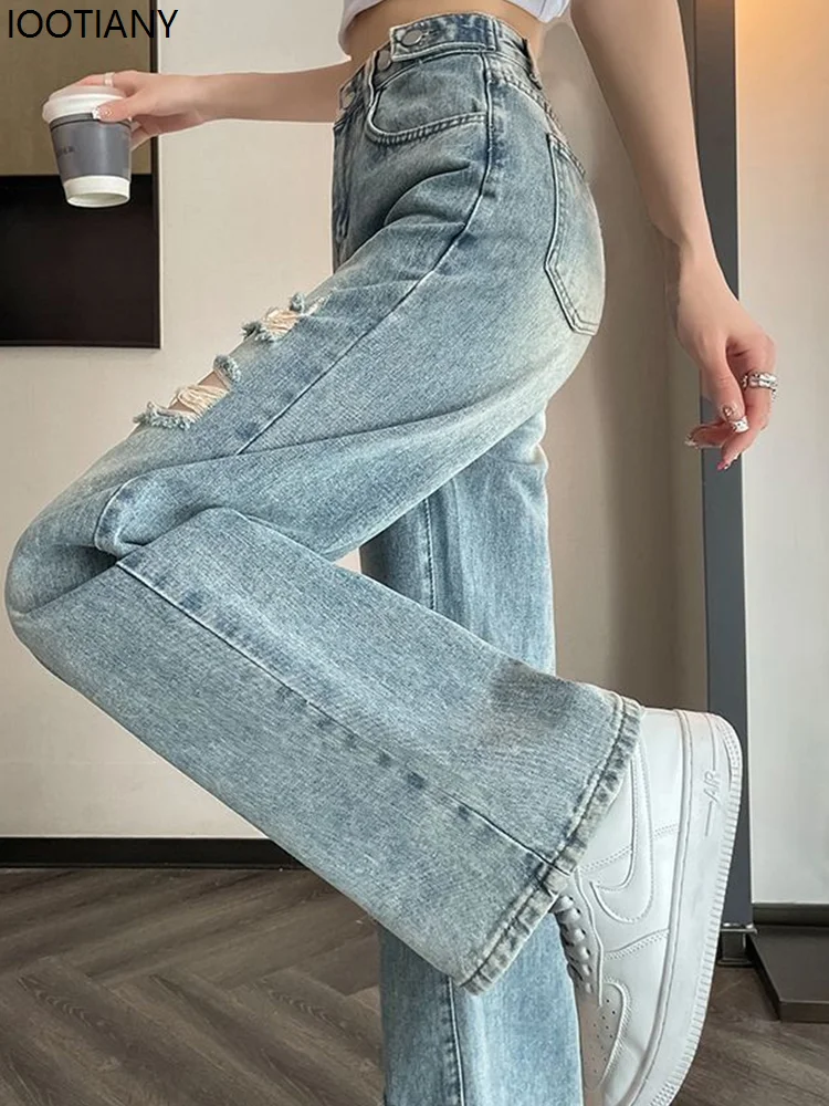 Women's American Retro Ripped Jeans Women's High Waist Washed Adjustable Denim Pants Women's Blue Loose Wide Leg Jeans