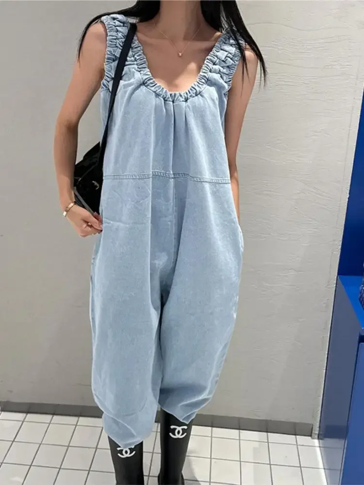 Blue Casual Summer Sleeveless Wash Vest Denim Jumpsuit Women Pleated Vintage Overalls Jumpsuits Streetwear Loose Clothes Fashion