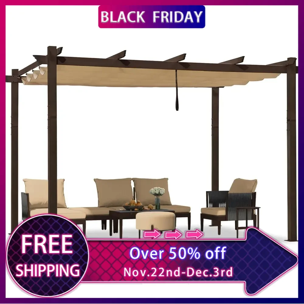 

10' x 12' Outdoor Retractable Pergola Aluminum with DIY Sun Shade Canopy Patio Modern Heavy-Duty Brown Shelter for Garden Yard