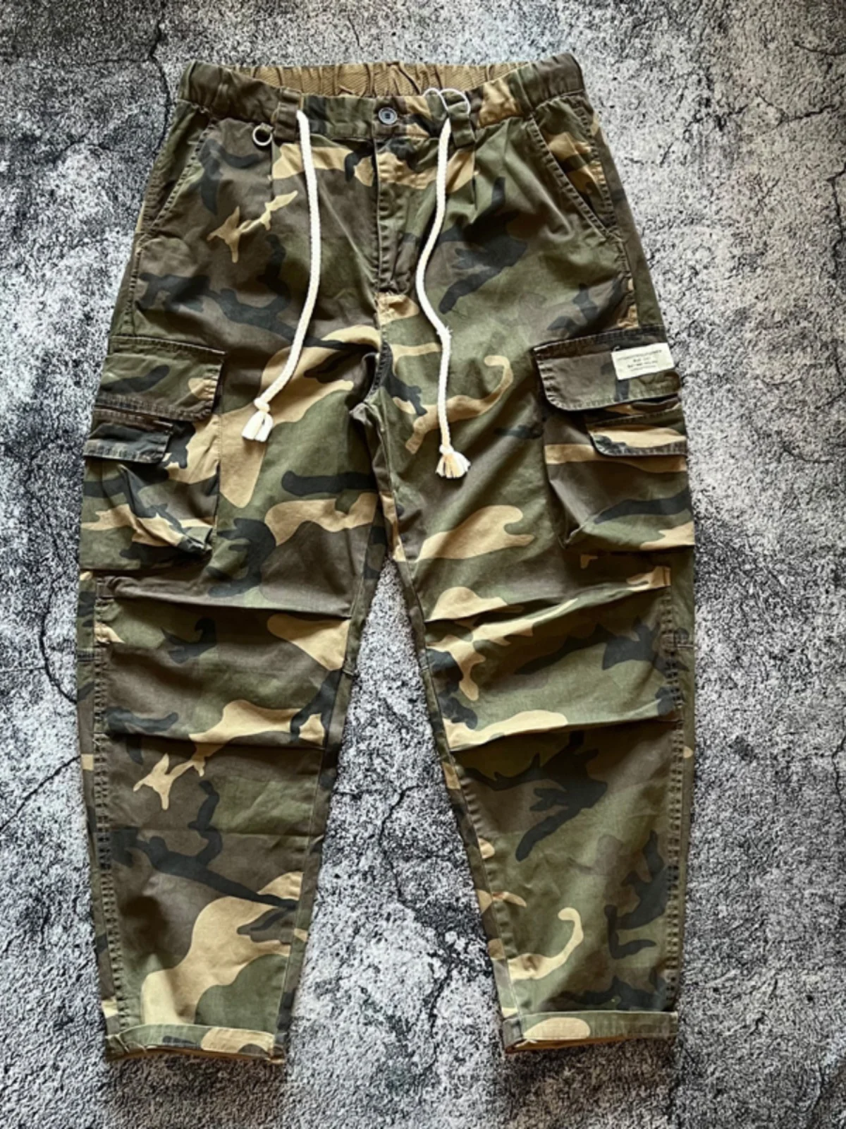 

Retro American Washed Camouflage Work Pants Men's Trendy Loose Straight Leg Elastic Waist Drawstring Long Trousers