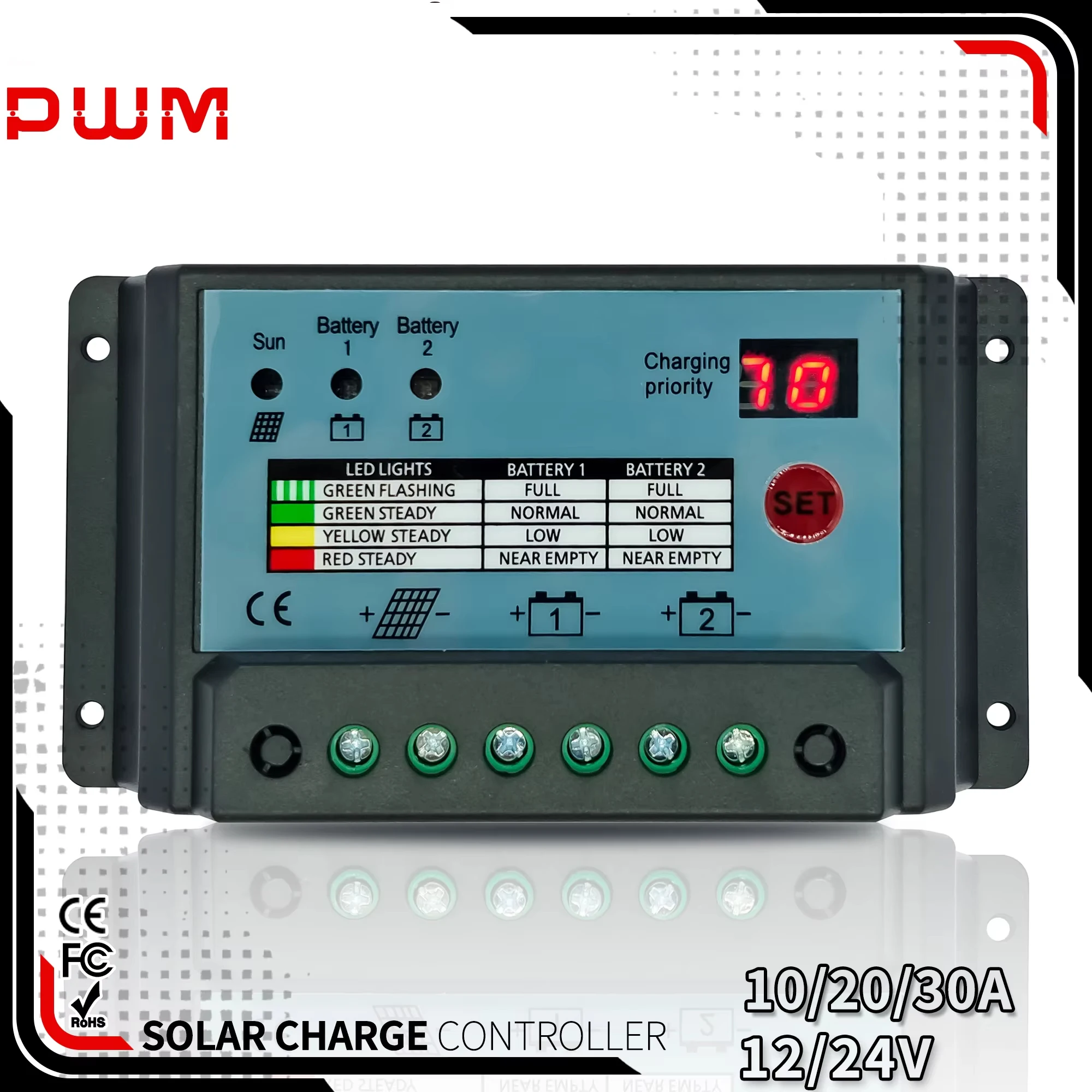BUSBYR Dual-Battery Solar Controller - 10A/20A/30A PWM for 12V/24V Systems - Two Batteries Simultaneous Charge