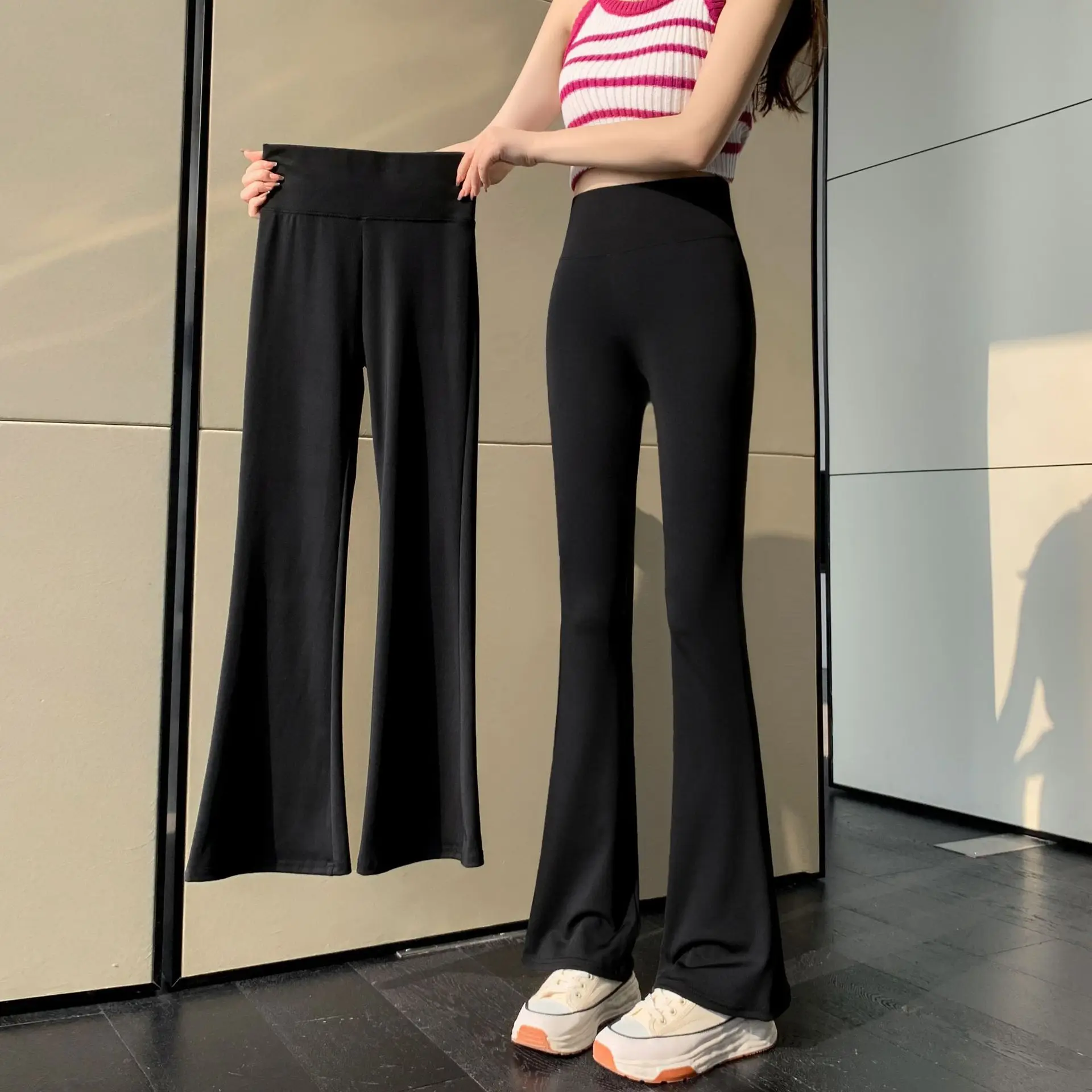 

Women's Spring and Summer High Waisted Tight Fitting Flared Pants, Slim Leg Long Black Pants, Thin Wide Leg Pants for Slim Women
