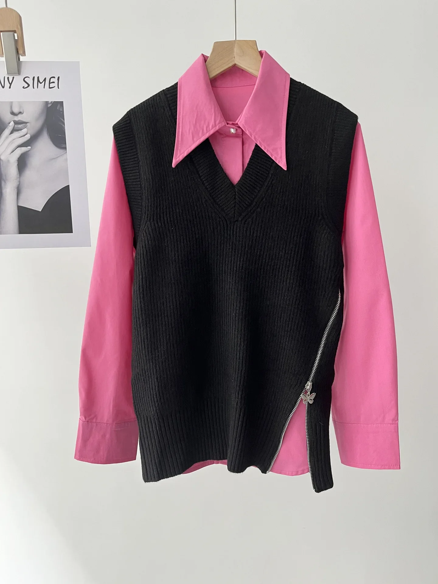 Camicia a maniche lunghe in stile francese retrò piccolo e profumato, gilet lavorato a maglia con scollo a V retrò primaverile 51c-0099