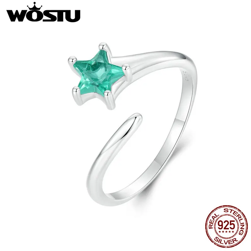 WOSTU 925 Sterling Silver Green Star Opening Ring For Women Shiny Zircon Party Stackable Adjustable Ring Girl Birthday Gift R535