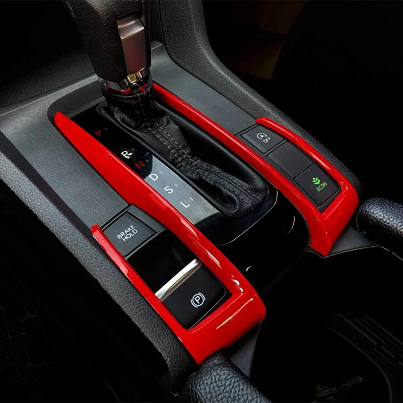 2Pcs/Set Car Automatic Gear Shift Panel Frame Trim Stickers Red For Honda Civic 10th Gen 2016 2017 2018 2019 2020 2021 Accessory