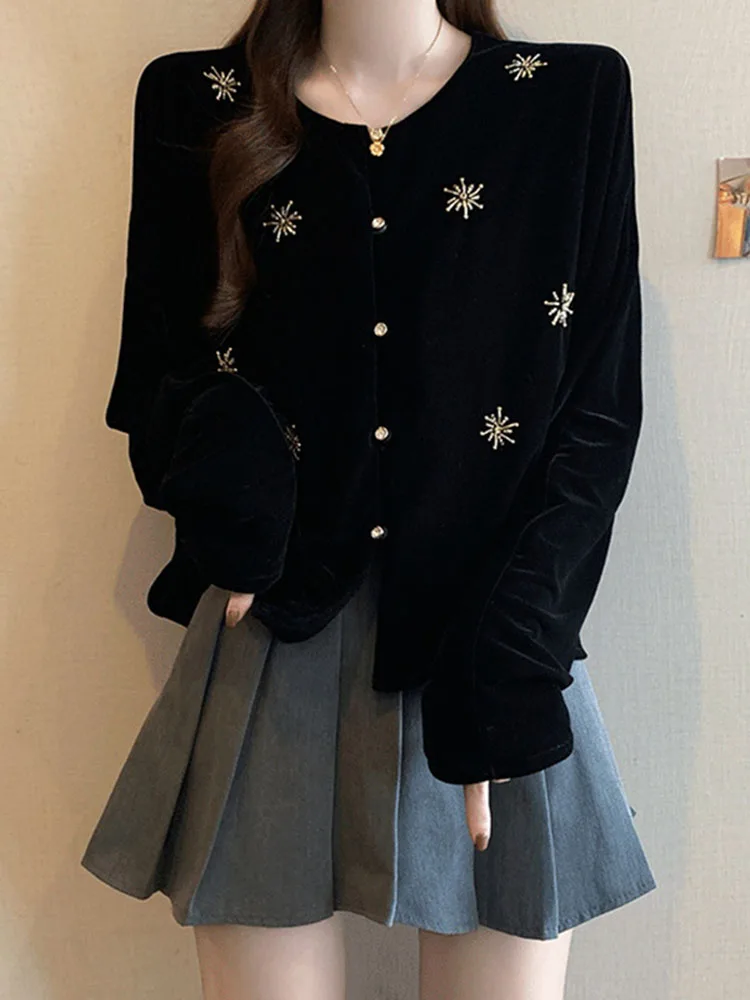 

Retro Bla Beaded Velvet Cardigan Women's Knitted Top Luxury Versatile Autumn Winter New Sle Ci Walk Suitable for Girls