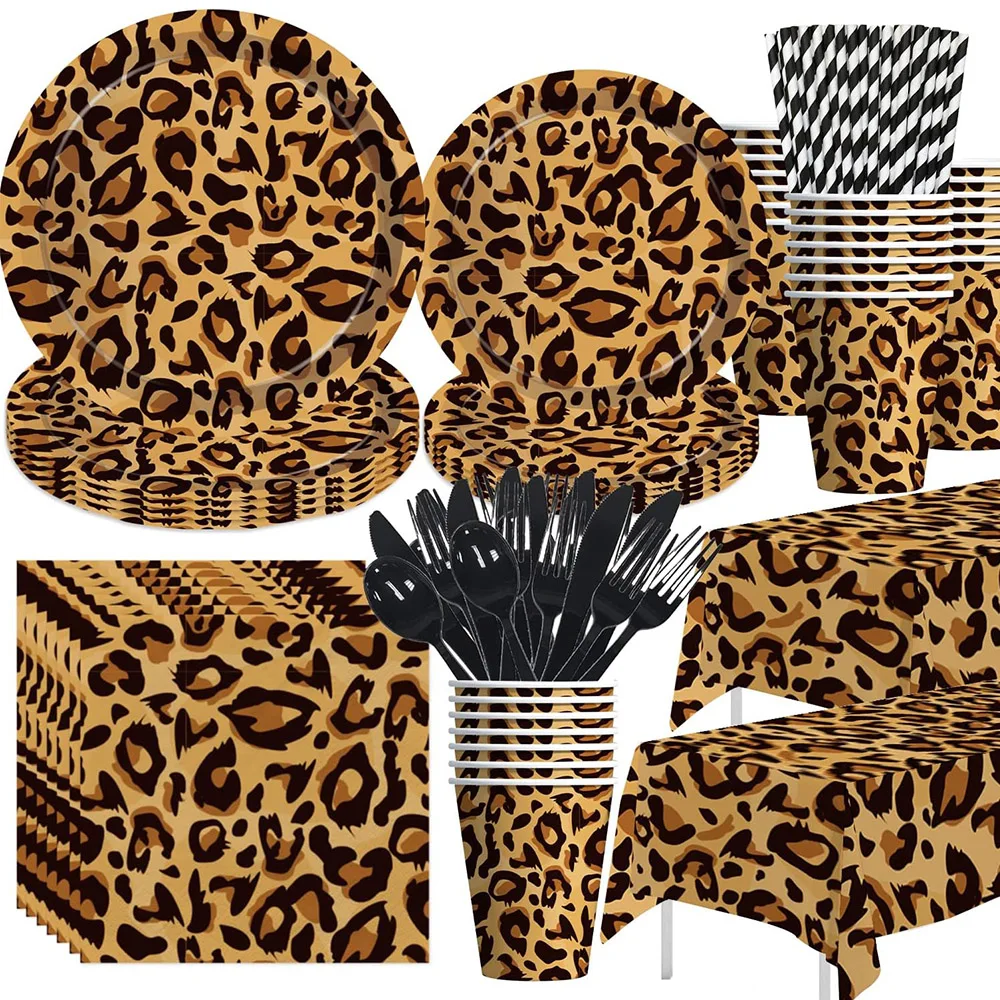 Leopard Print Party Disposable Plate Cup Napkin Tablecloth Cheetah Print Party Tableware Safari Animal Leopard Theme Birthday