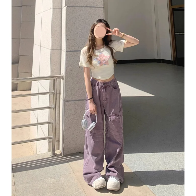 

Vintage Purple High Waist Women Jeans Cargo Pants American Streetwear Wide Leg Jean Female Trouser Straight Baggy Denim Pants