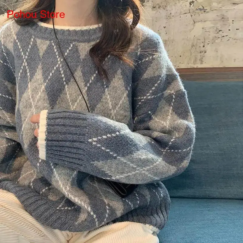 Winter Argyle Loose Knitted Sweater Pullovers Sweater Korean College Style Women Jumper