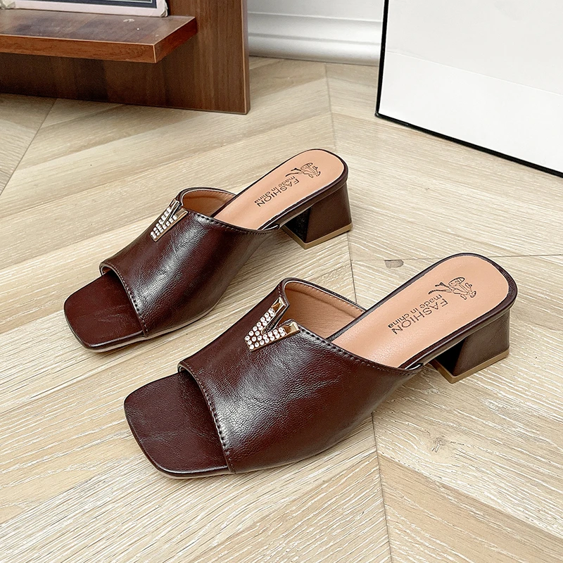 Women's Shoes 2025 New Rhinestone Open Toe Sandals and Slippers Square Toe Block Heel High Heels