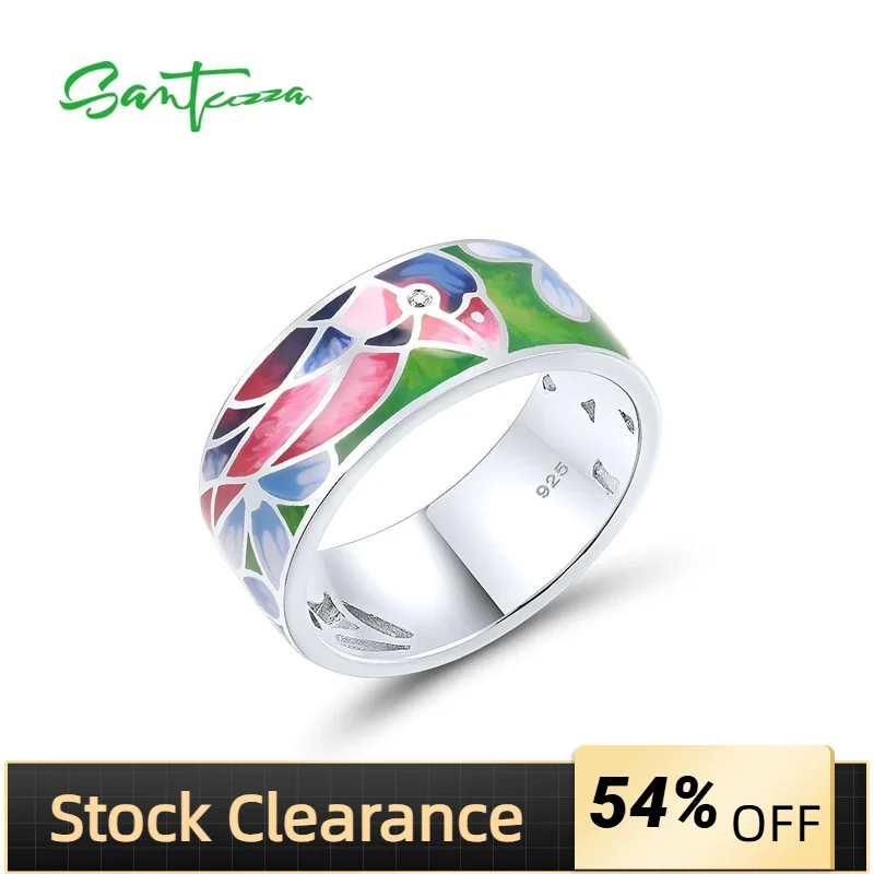 

SANTUZZA Pure 925 Sterling Silver Rings For Women White CZ Pink Bird Enamel Rings Trendy Chic Party Gift Fine Jewelry Handmade