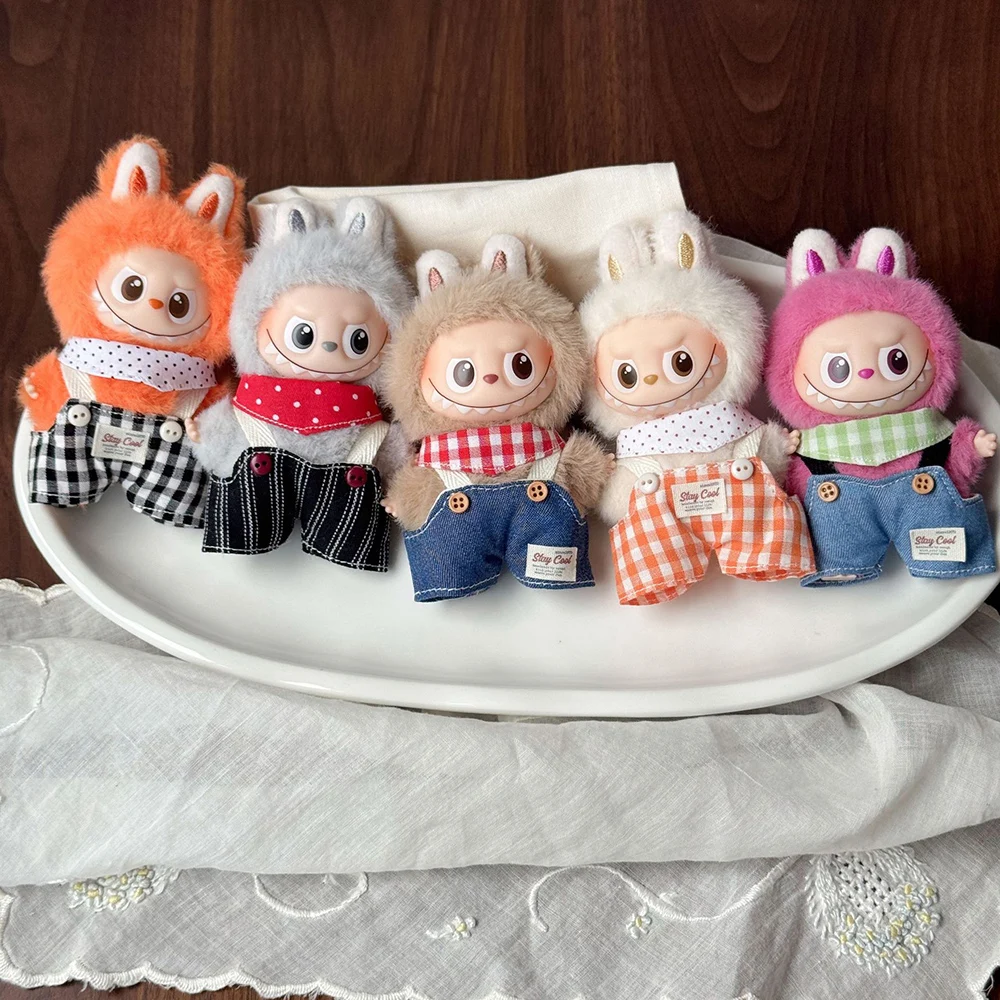 [No Doll] Plush Doll's Clothes for Mini Labubu 4.0 Triangle Scarf Retro Overalls Doll Clothing Accessory Fashion Gifts
