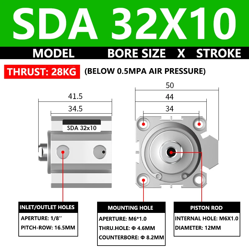 

ABILKEEN SDA32X10 SDA Series Thin Air Cylinder 32MM Female Thread Bore X 10MM Stroke Double Acting Pneumatic Compact Cylinder