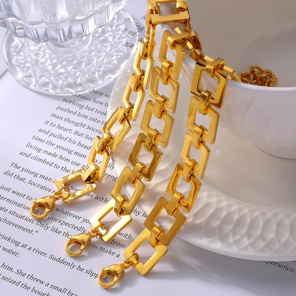 16cm Square Chain Stainless Steel Bracelets For Women Gold Plated Hollow Wristband Bracelets Waterproof Wedding Female Jewelry