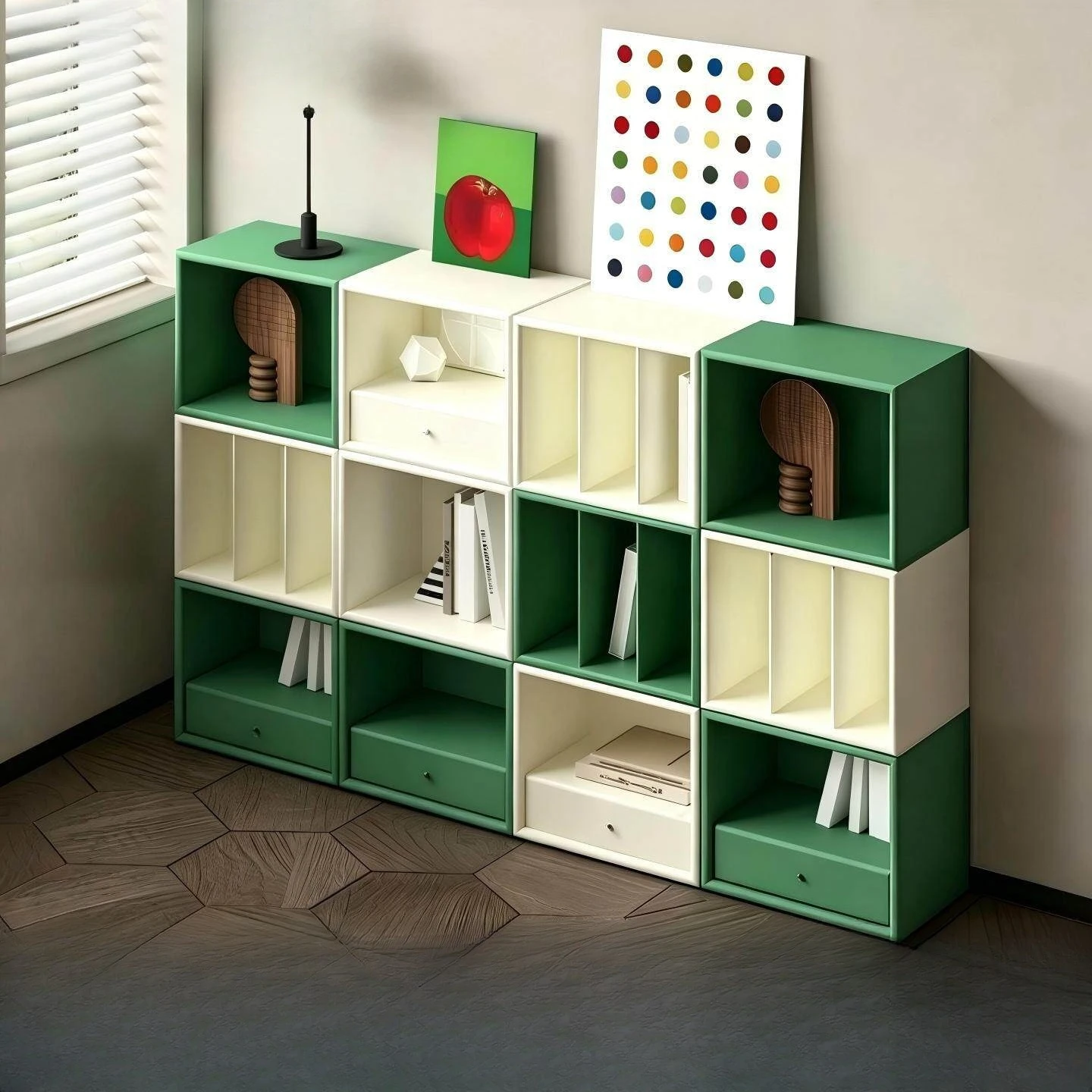 Green paint bookshelf combination cabinet modern simple floor storage rack color matching
