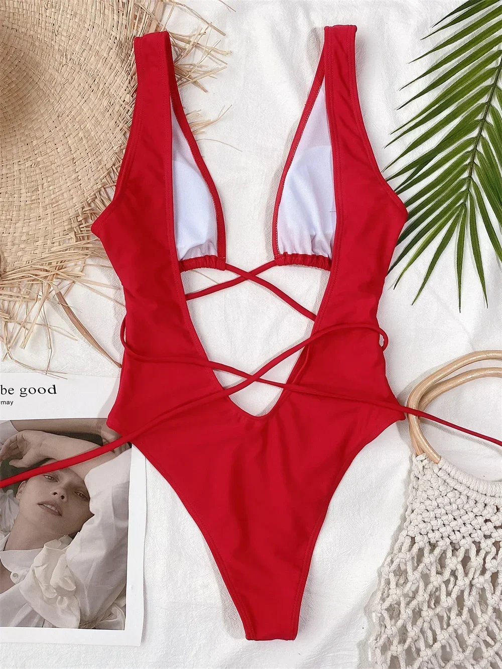 Sexy Red Swimsuit Micro String Bikini Hollow Out Backless Monokini Women One-Piece Vacation Swimwears Bikinis Beach Bathing Suit