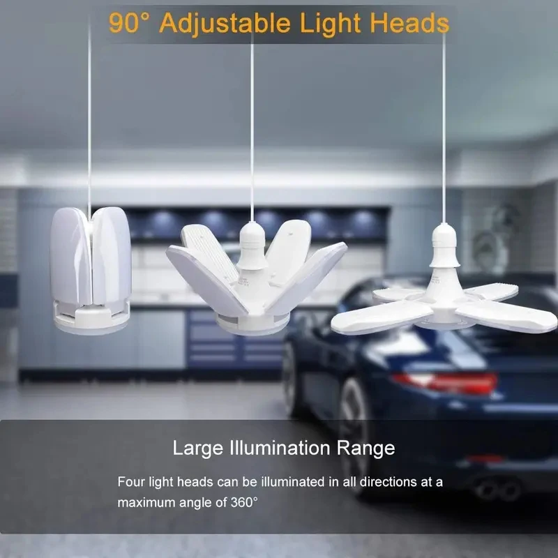 60W LED Garage Light with 4 Adjustable Panels E27 Screw in Daylight Bulb Deformable Lamp for Basement Workshop Warehouse