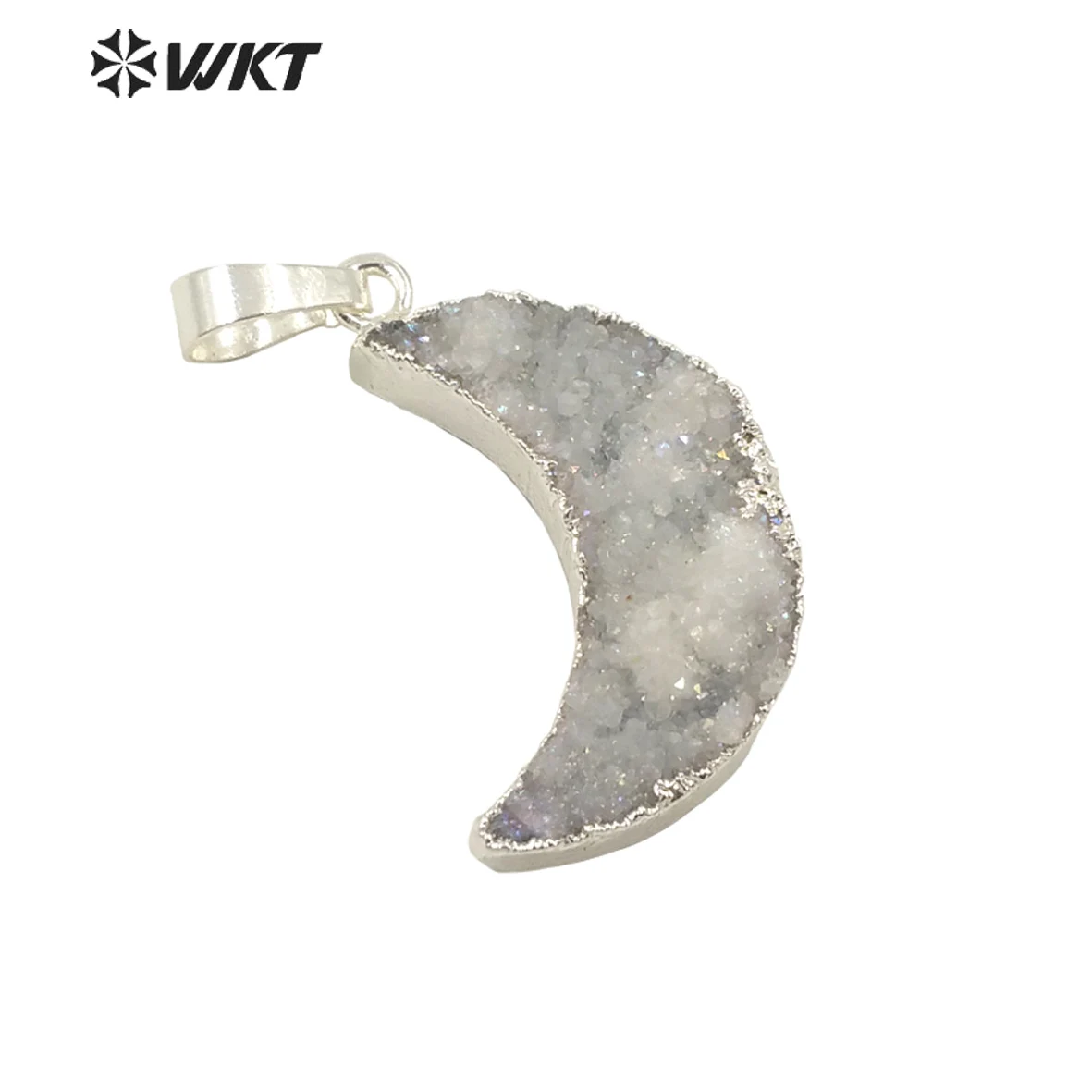 WT-P1706 WKT Natural Druzy Quartz Stone Pendant Moon Shape Gold and Silver  Ladies Jewelry Decoration