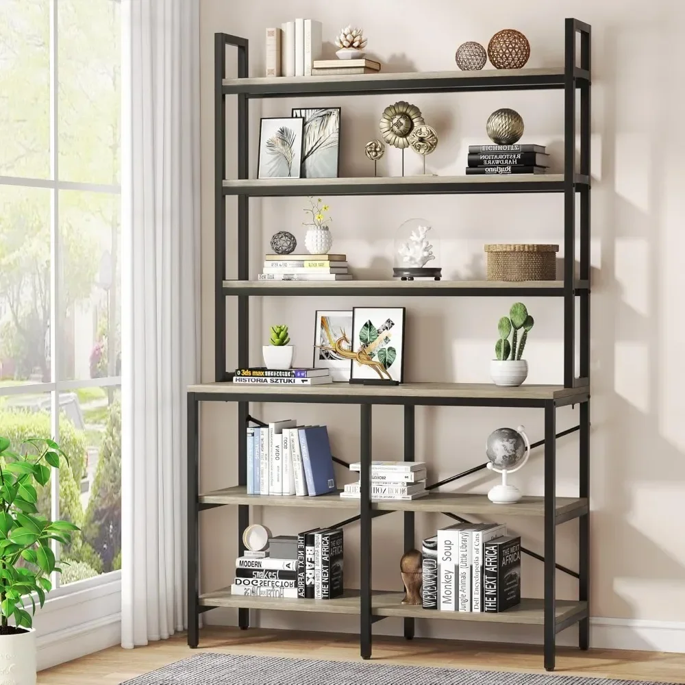 

Industrial Bookcase 6 Shelf Storage Rack with X-Shaped Frame,Rustic Book Shelf for Living Room, Bedroom,Home,Office (Retro Gray)