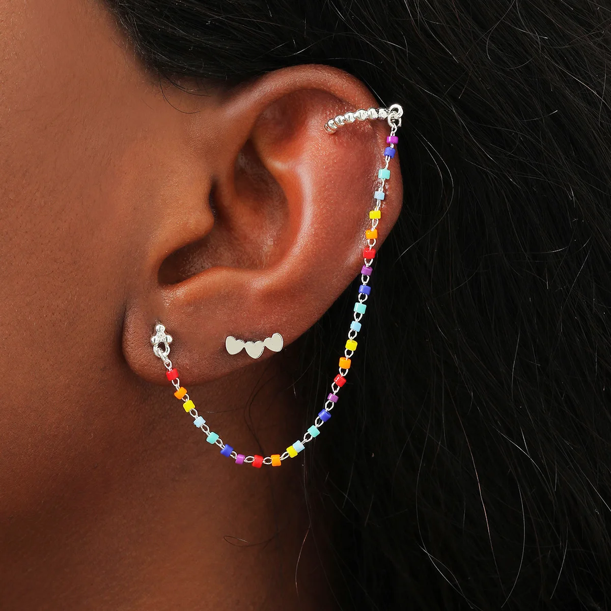 Punk Rainbow Beads Clip Earring for Women Silver Color Chain Ear Clip Ear Cuffs Non-Piercing Earring Charm Trendy Jewelry Gift