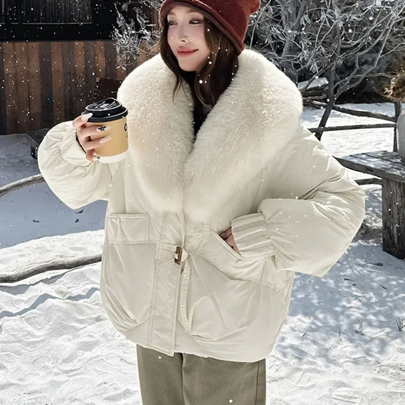 Damska kurtka zimowa z dużym futrzanym kołnierzem, puchowa kurtka damska, krótka, gruba, modna kurtka damska bawełniana JJ1143