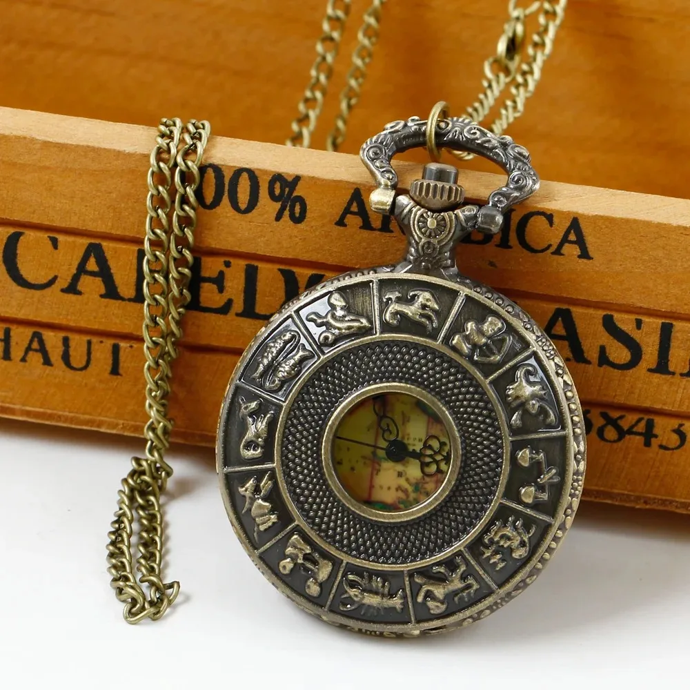 황동 레트로 석영 주머니 시계 조디악 릴리프지도 다이얼 남성과 여성 목걸이 시계 Steampunk 패션 선물 액세서리