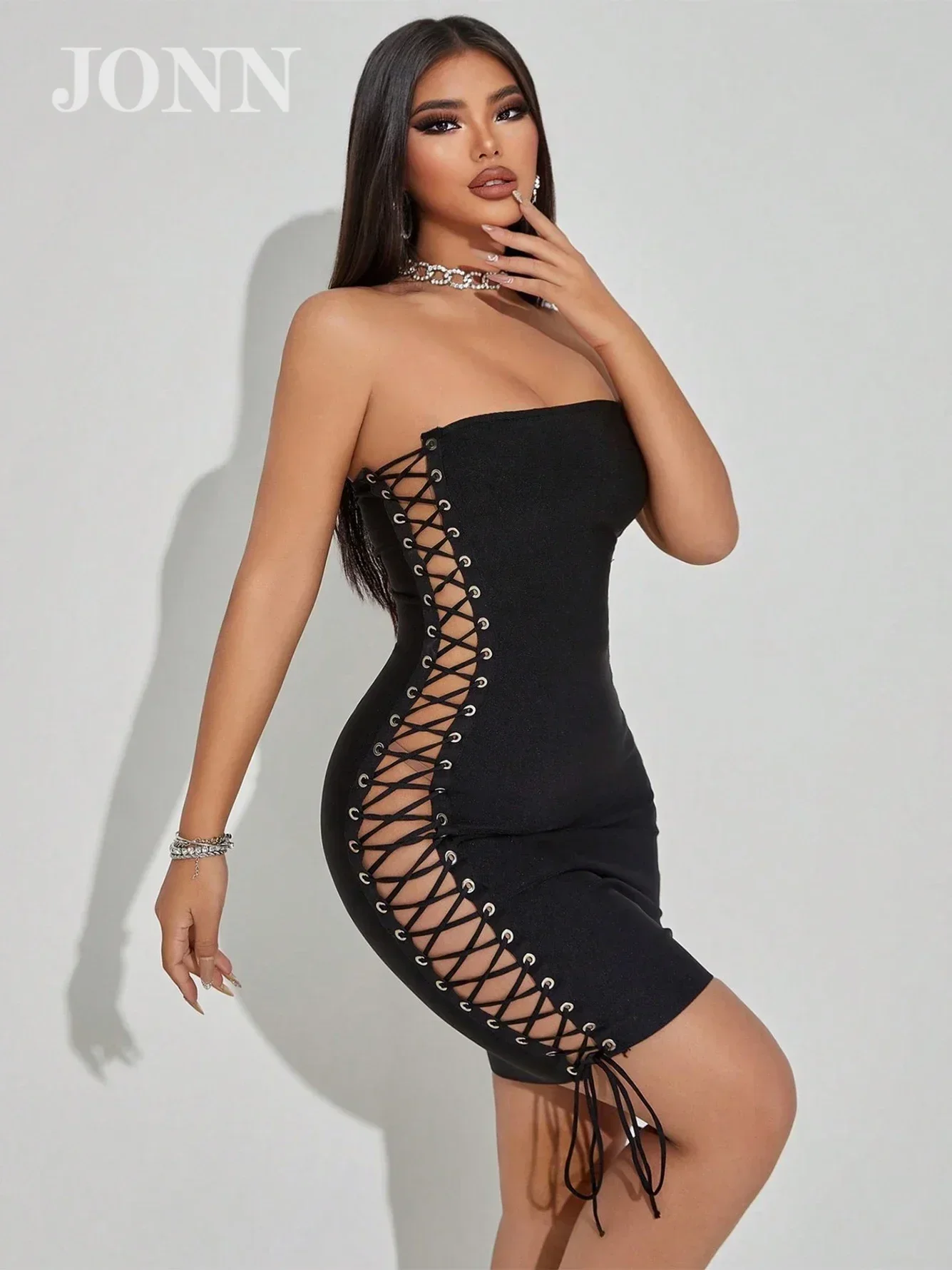 

JONN High Quality Women's Black Sexy Strapless Backless Hollow Lace Up Bandage Mini Dress Elegant Evening Club Party Vestidos