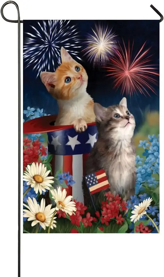 Cats in The America Hat Watching The Firework Garden Flag Holiday Decoration Double Sided Flag 12.5 x 18