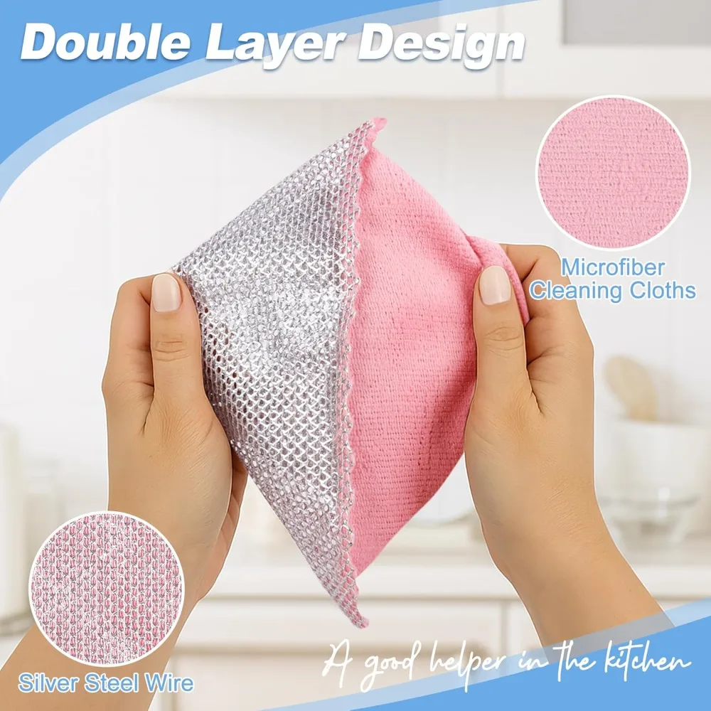 عرض ساخن - 12 قطعة من خرقة غسيل الأطباق متعددة الأغراض مقاس 9.64 × 9.64 في قماش أطباق سلكي غير سكارتش للفولاذ المقاوم للصدأ باللون الوردي الرطب والجاف #2