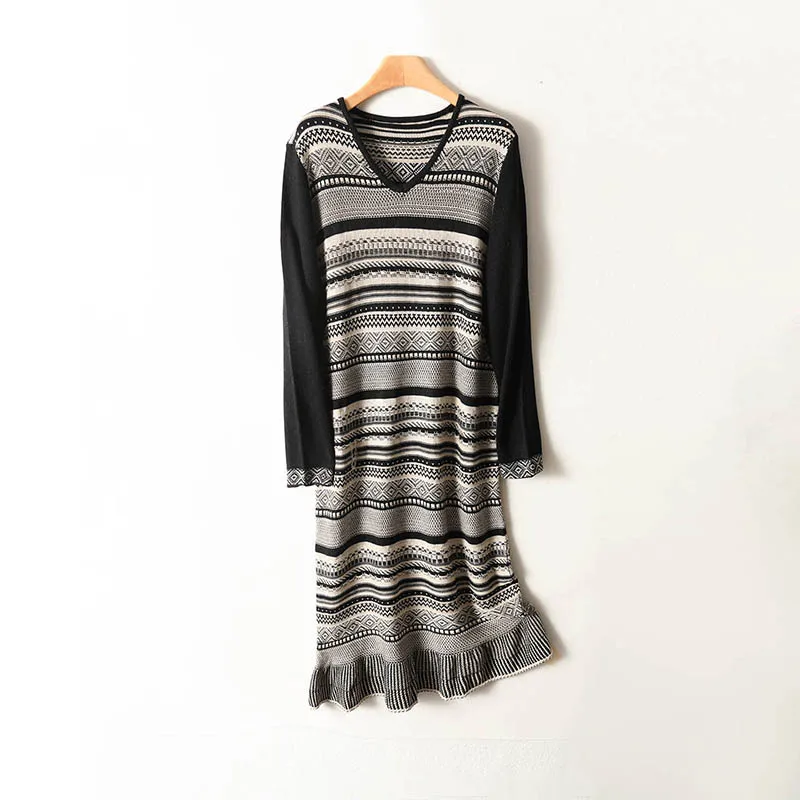 100% Wool V-Neck Striped Long Skirt, Women's Loose Retro Style Elegant Ruffled Wool Dress