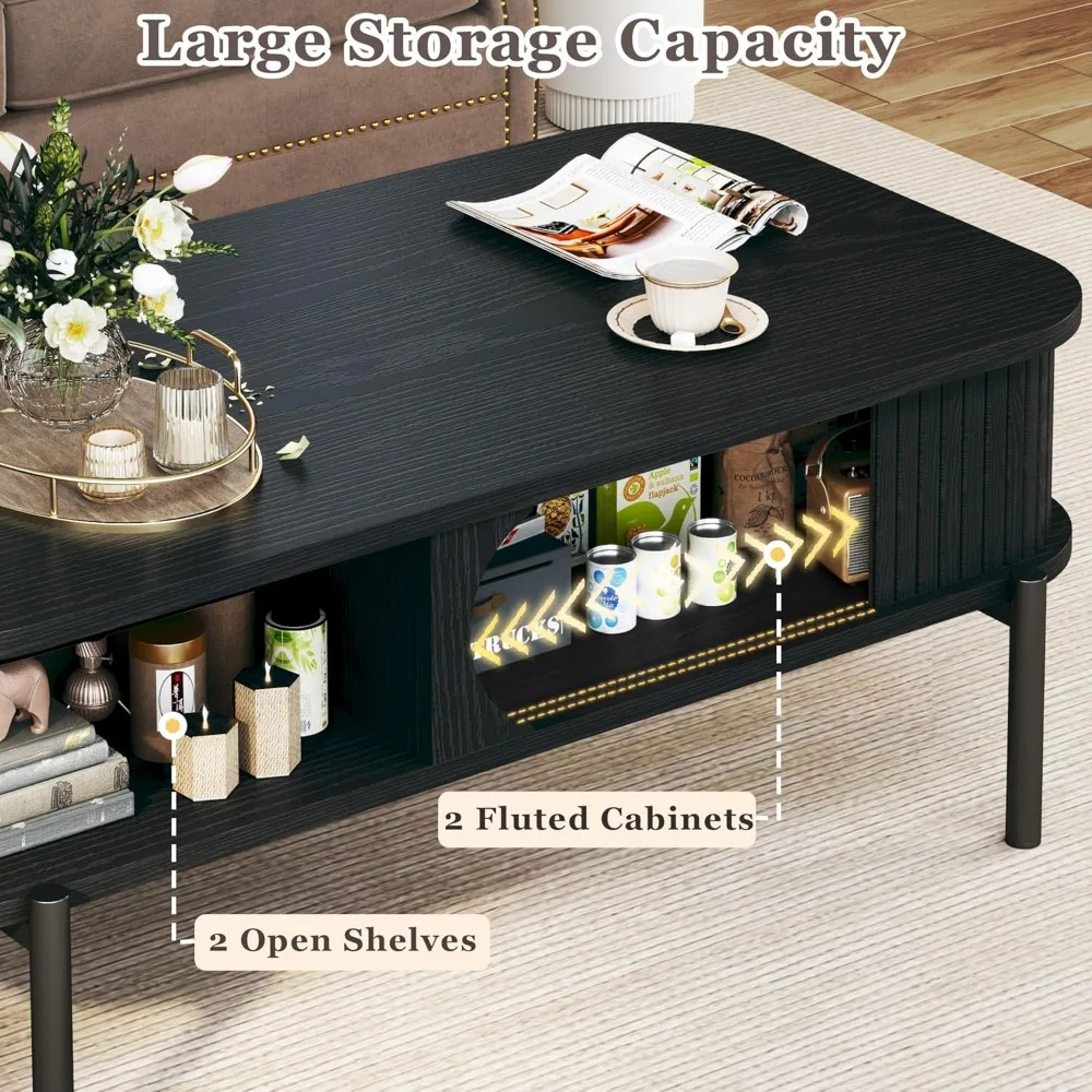 Mid Century Modern Coffee Table with Storage Open Shelf for Living Room, Fluted Design Coffee Table