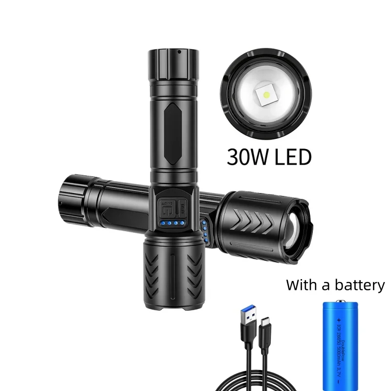 JIASHUAIXIN 30W LED-zaklamp met sterk licht, fluorescerende strips en koord, TYPE-C USB draagbare buitenzaklamp
