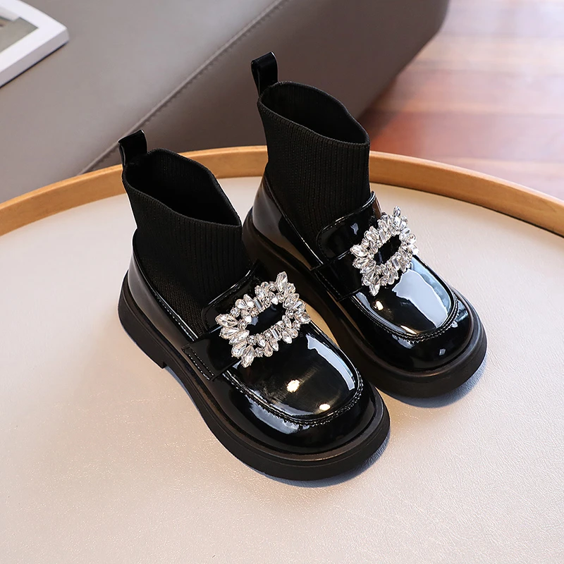 Children Fashion Boots Girls Rhinestone Princess Boots Square Buckle Breathable Kids School Sock Shoes 2024 Spring Autumn New