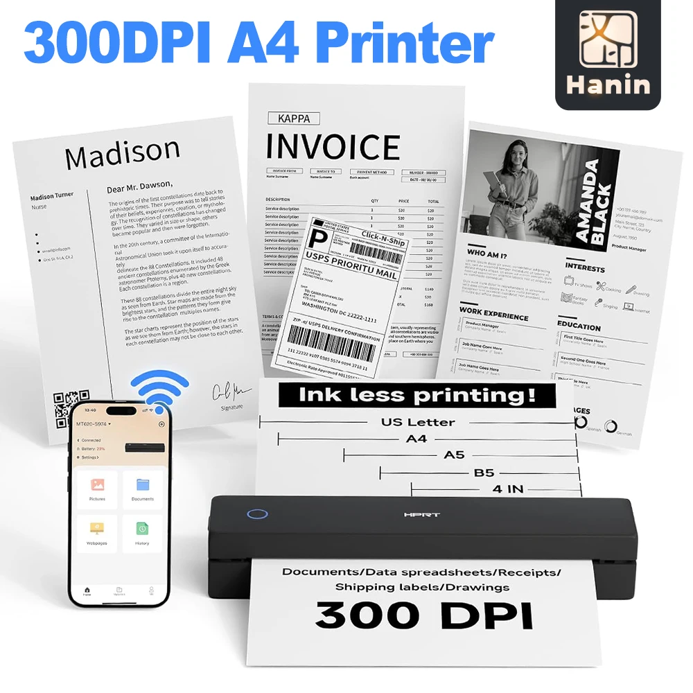 300DPI A4 Thermal Portable HPRT Printer Wireless for Travel Inkless Mobile Bluetooth Maker Support 8.5