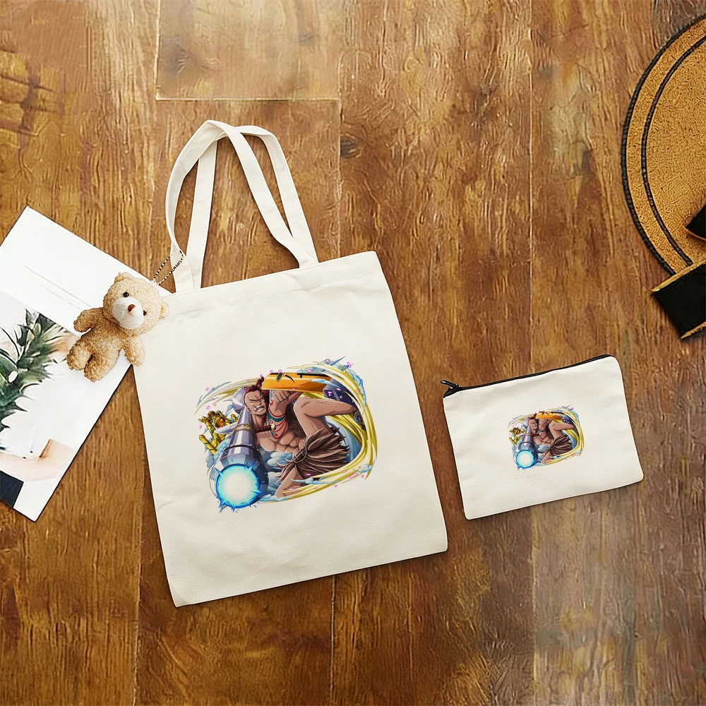 Mom Kaido Print Large Shoulder Bag 3Pcs Canvas Tote Bag Set with Pouch Jinbe Big Students Eco Friendly Reusable Shopping Bag view 6