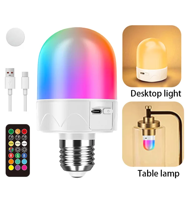 Żarówka RGB z możliwością ładowania, sterowana pilotem, E27, zasilana bateryjnie, do lamp ściennych i wiszących bez konieczności okablowania.