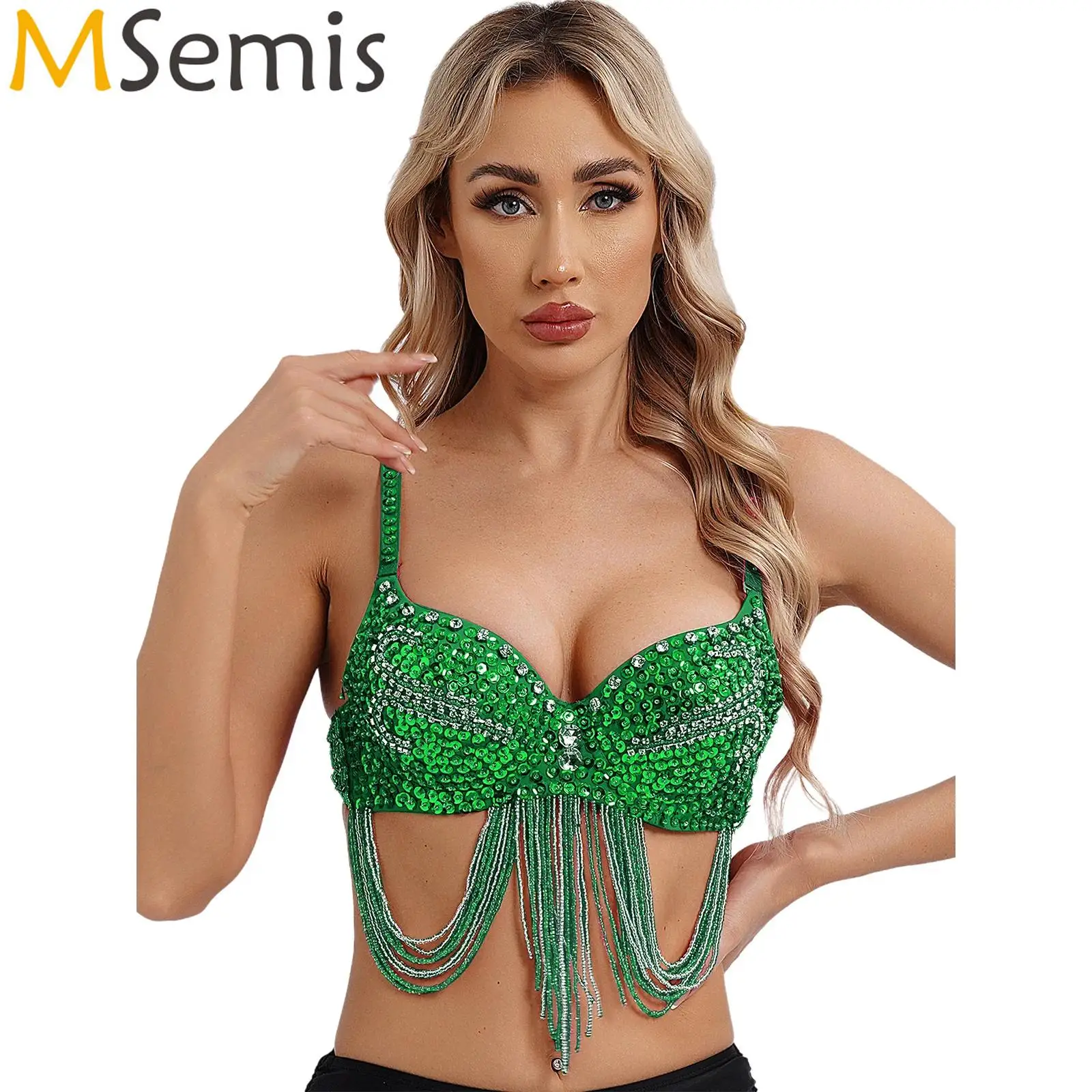 

Womens Belly Dance Top Costume Shiny Rhinestone Sequin Club Bra Shiny Corset Crop Top Spaghetti Straps Underwire Push Up Bustier