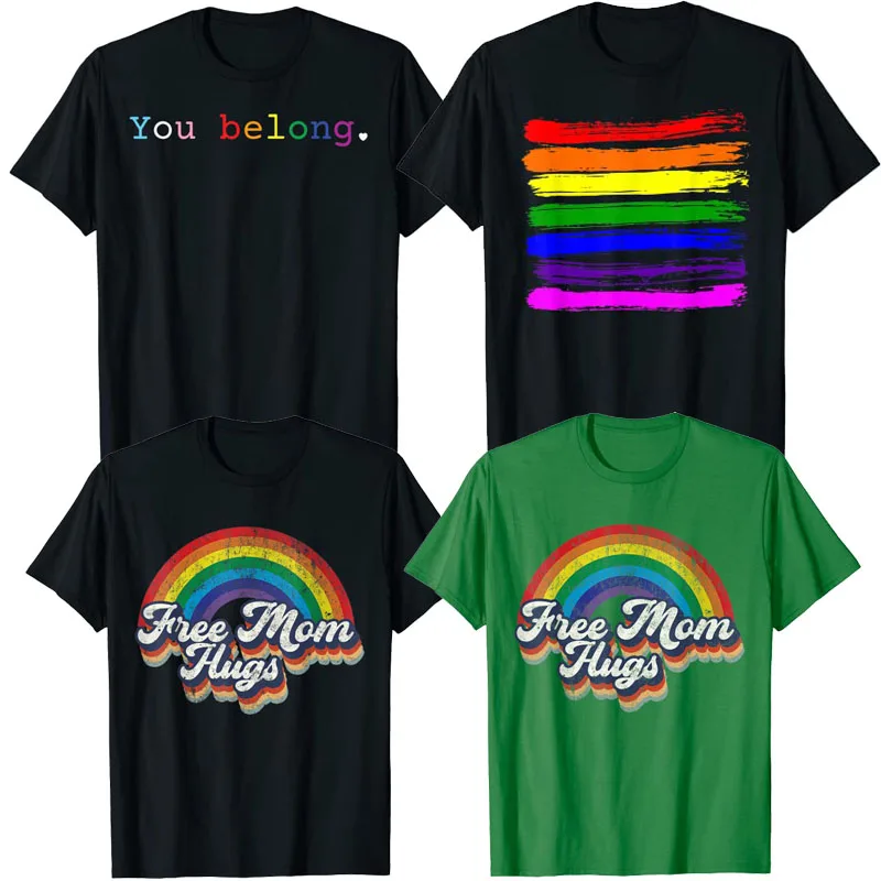 

LGBT Support and Respect You Belong Gay Pride Flag Shirt Free Mom Hugs T-shirt Rainbow Heart LGBTQ Month Tee Aesthetic Y2k Tops