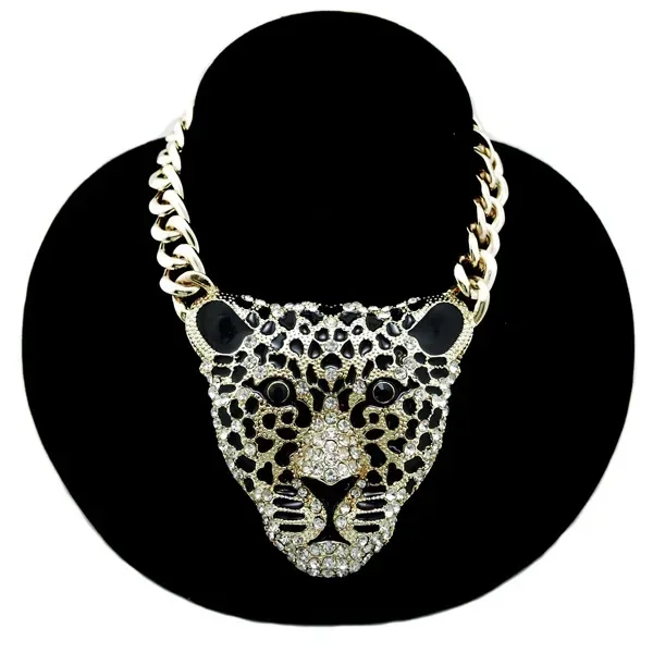 

Super Large Alloy Leopard Head Pendant Necklace for Women Hollow Rhinestone Gothic Men's Collar Cuban Chain Halloween Jewelry