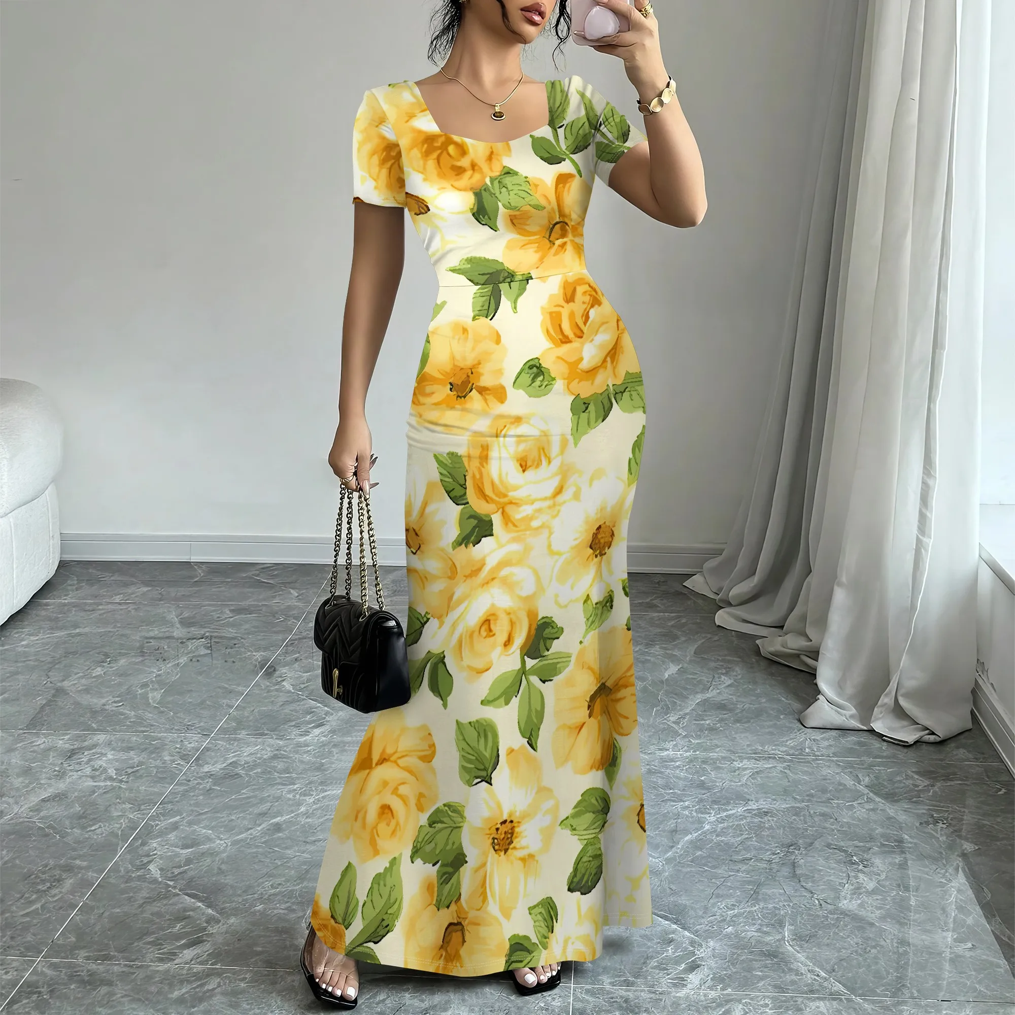 

Nupusa Rose Print Mermaid Dress Women Summer Short Sleeve Casual Maxi Dress